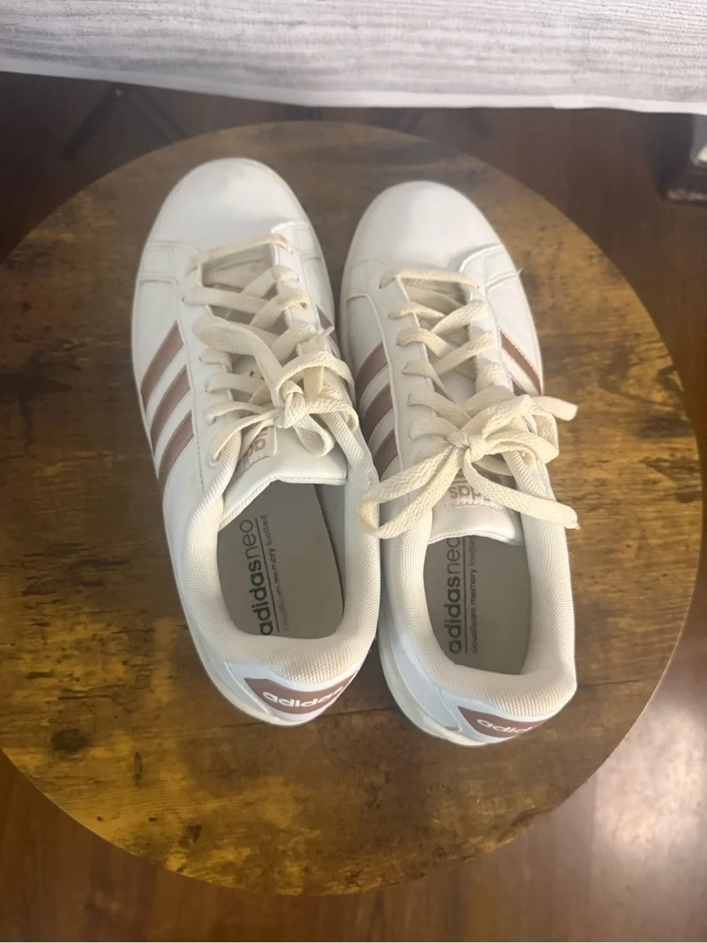 adidas Women’s White Sneakers with Rose Gold Stripes
